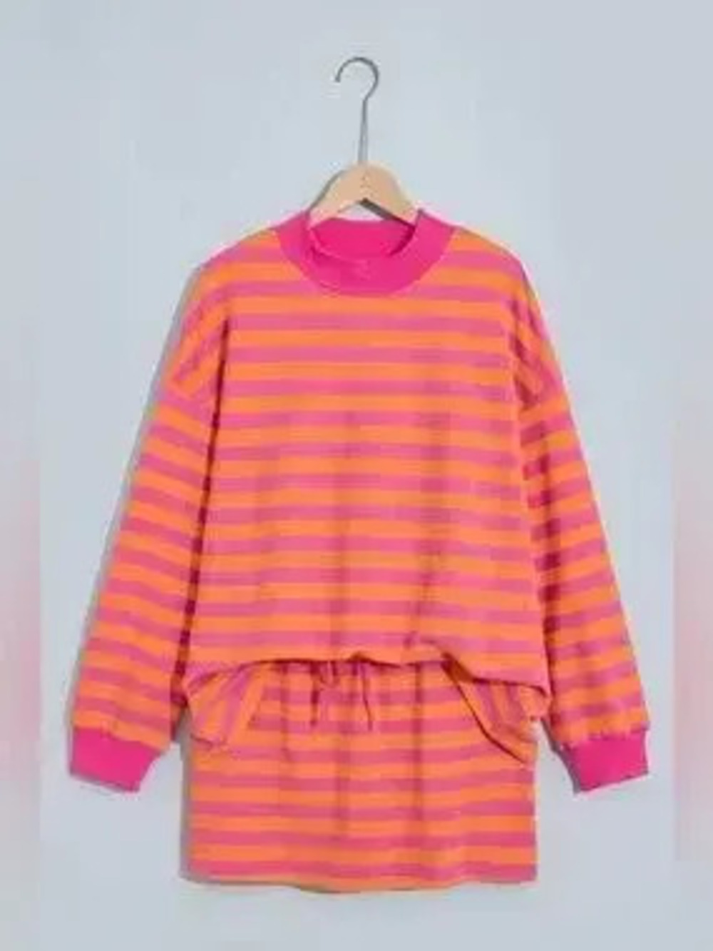 Stripe Color Block Patchwork Mock Neck Pullover Drawstring Mini Skort Set - Picture 3 of 9